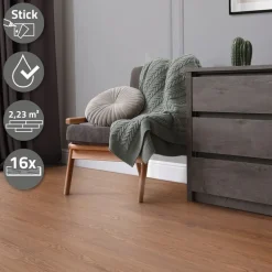 Deluxe PVC Klebevinylboden für 2,23 m² Roteiche Braun 2 mm dick ML-Design