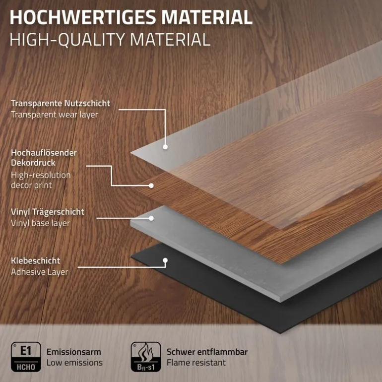 Deluxe PVC Klebevinylboden für 2,23 m² Roteiche Braun 2 mm dick ML-Design