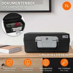 Dokumentenbox DIN A4 39x33x16 cm 7L Feuerfeste wasserdichte Dokumentenkassette