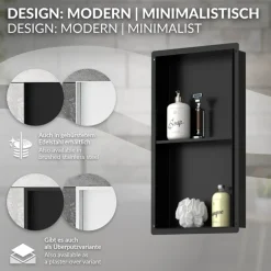 Duschnische 2 Ebenen 30x60 cm Schwarz aus Edelstahl Unterputz Rahmen Wandnische Duschablage LuxeBath