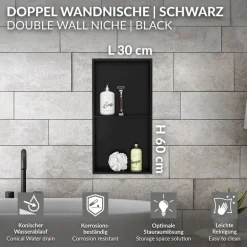 Duschnische 2 Ebenen 30x60 cm Schwarz aus Edelstahl Wandnische Duschablage LuxeBath