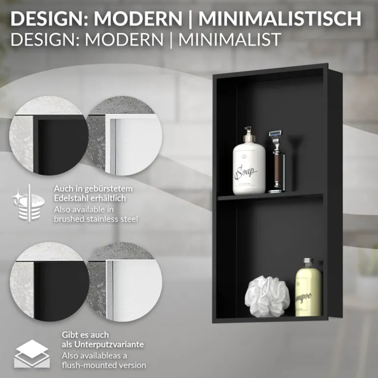 Duschnische 2 Ebenen 30x60 cm Schwarz aus Edelstahl Wandnische Duschablage LuxeBath
