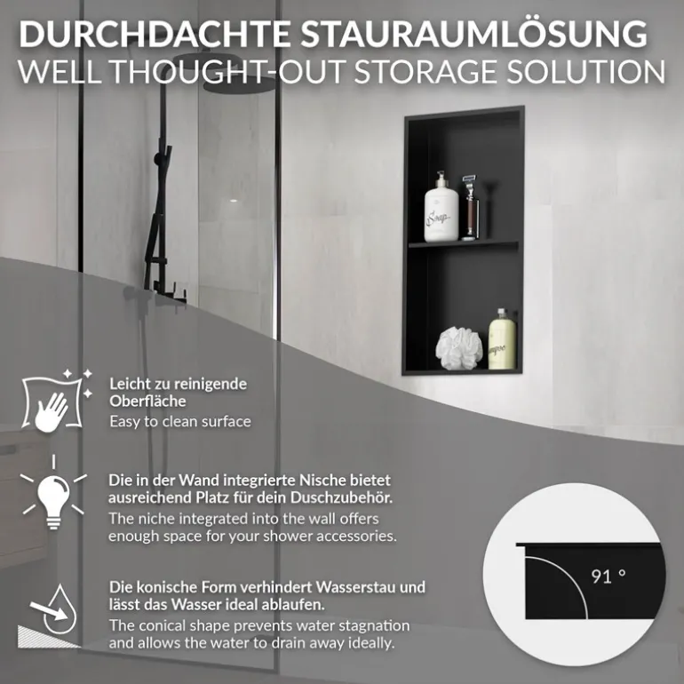 Duschnische 2 Ebenen 30x60 cm Schwarz aus Edelstahl Wandnische Duschablage LuxeBath