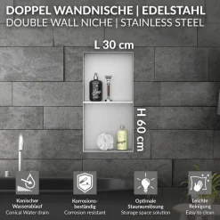 Duschnische 2 Ebenen 30x60 cm Silber aus Edelstahl Unterputz Rahmen Wandnische Duschablage LuxeBath
