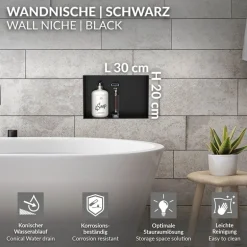 Duschnische 30x20 cm Schwarz aus Edelstahl Unterputz Rahmen Wandnische Duschablage LuxeBath