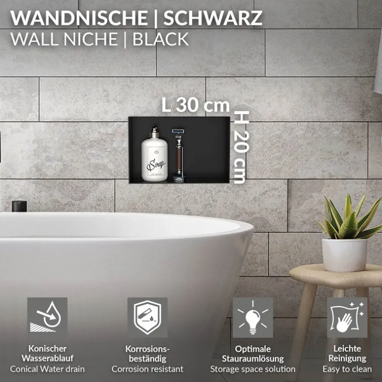 Duschnische 30x20 cm Schwarz aus Edelstahl Unterputz Rahmen Wandnische Duschablage LuxeBath