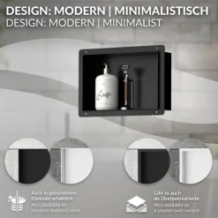 Duschnische 30x20 cm Schwarz aus Edelstahl Unterputz Rahmen Wandnische Duschablage LuxeBath