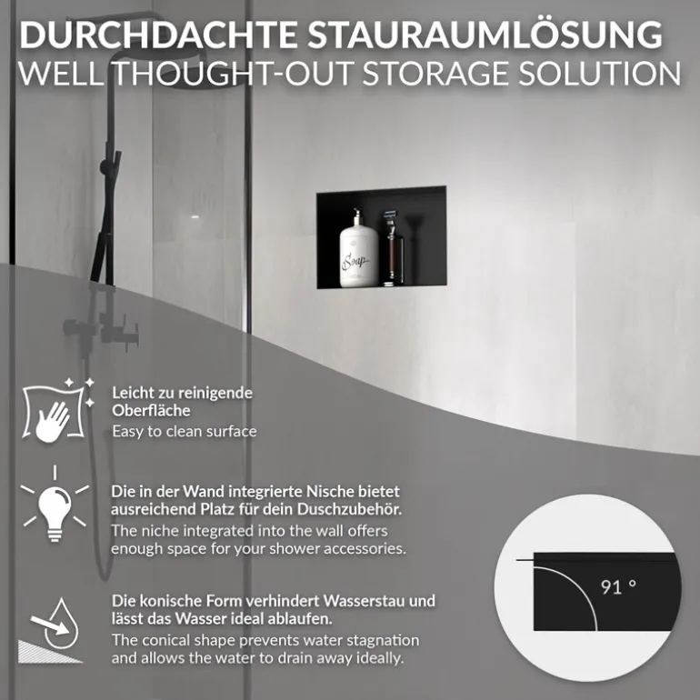 Duschnische 30x20 cm Schwarz aus Edelstahl Unterputz Rahmen Wandnische Duschablage LuxeBath