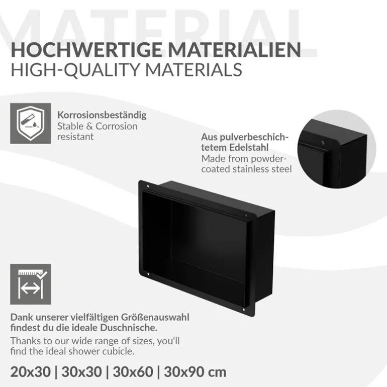 Duschnische 30x20 cm Schwarz aus Edelstahl Unterputz Rahmen Wandnische Duschablage LuxeBath