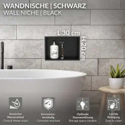 Duschnische 30x20 cm Schwarz aus Edelstahl Wandnische Duschablage LuxeBath