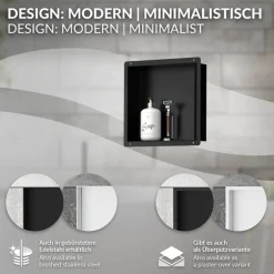 Duschnische 30x30 cm Schwarz aus Edelstahl Unterputz Rahmen Wandnische Duschablage LuxeBath