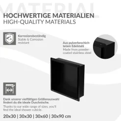 Duschnische 30x30 cm Schwarz aus Edelstahl Unterputz Rahmen Wandnische Duschablage LuxeBath