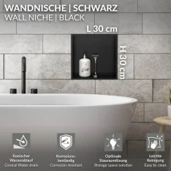 Duschnische 30x30 cm Schwarz aus Edelstahl Wandnische Duschablage LuxeBath
