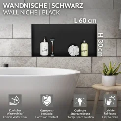 Duschnische 60x30 cm Schwarz aus Edelstahl Unterputz Rahmen Wandnische Duschablage LuxeBath