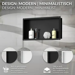 Duschnische 60x30 cm Schwarz aus Edelstahl Unterputz Rahmen Wandnische Duschablage LuxeBath