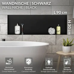 Duschnische 90x30 cm Schwarz aus Edelstahl Unterputz Rahmen Wandnische Duschablage LuxeBath