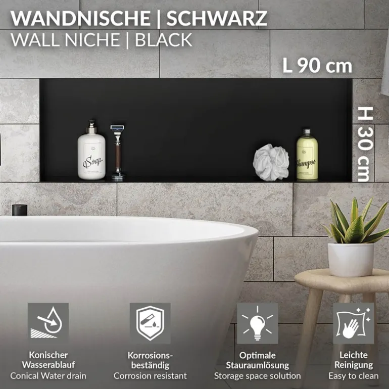 Duschnische 90x30 cm Schwarz aus Edelstahl Unterputz Rahmen Wandnische Duschablage LuxeBath
