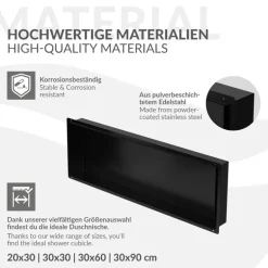 Duschnische 90x30 cm Schwarz aus Edelstahl Unterputz Rahmen Wandnische Duschablage LuxeBath