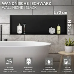 Duschnische 90x30 cm Schwarz aus Edelstahl Wandnische Duschablage LuxeBath