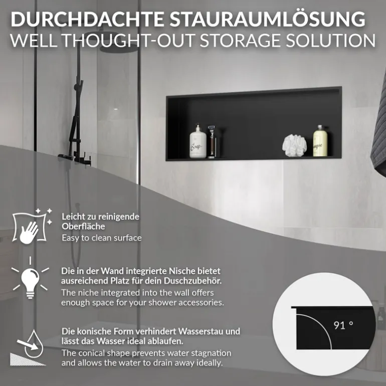 Duschnische 90x30 cm Schwarz aus Edelstahl Wandnische Duschablage LuxeBath