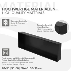 Duschnische 90x30 cm Schwarz aus Edelstahl Wandnische Duschablage LuxeBath