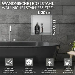 Duschnische 30x30 cm Silber aus Edelstahl Unterputz Rahmen Wandnische Duschablage LuxeBath