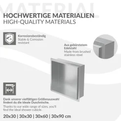 Duschnische 30x30 cm Silber aus Edelstahl Unterputz Rahmen Wandnische Duschablage LuxeBath