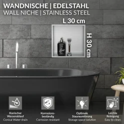 Duschnische 30x30 cm Silber aus Edelstahl Wandnische Duschablage LuxeBath