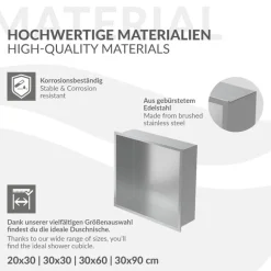 Duschnische 30x30 cm Silber aus Edelstahl Wandnische Duschablage LuxeBath