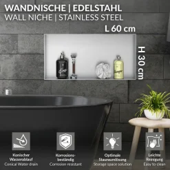 Duschnische 60x30 cm Silber aus Edelstahl Unterputz Rahmen Wandnische Duschablage LuxeBath