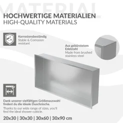 Duschnische 60x30 cm Silber aus Edelstahl Wandnische Duschablage LuxeBath
