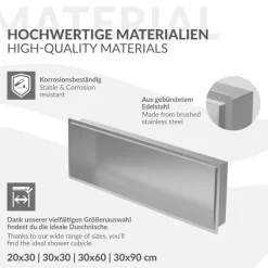 Duschnische 90x30 cm Silber aus Edelstahl Unterputz Rahmen Wandnische Duschablage LuxeBath