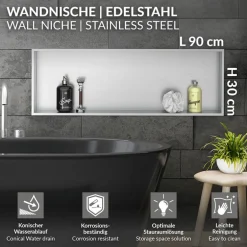Duschnische 90x30 cm Silber aus Edelstahl Wandnische Duschablage LuxeBath