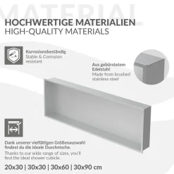 Duschnische 90x30 cm Silber aus Edelstahl Wandnische Duschablage LuxeBath