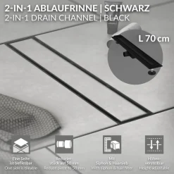 Duschrinne 70 cm befliesbar Schwarz mit Siphon & Haarsieb 2in1 LuxeBath