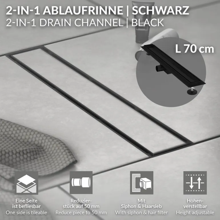 Duschrinne 70 cm befliesbar Schwarz mit Siphon & Haarsieb 2in1 LuxeBath