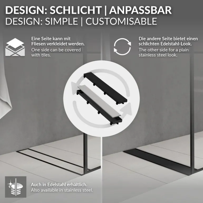 Duschrinne 70 cm befliesbar Schwarz mit Siphon & Haarsieb 2in1 LuxeBath
