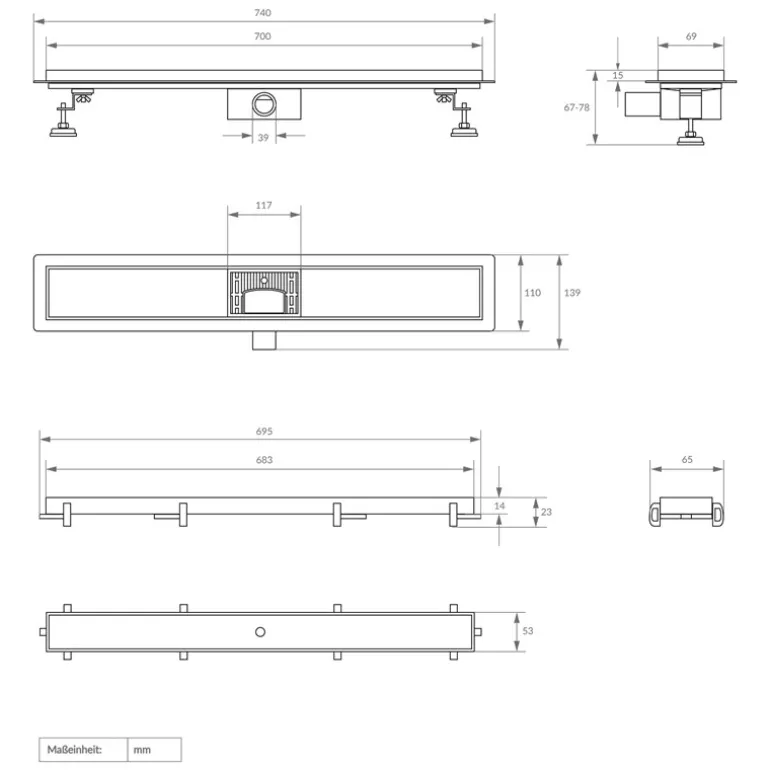 Duschrinne 70 cm befliesbar Schwarz mit Siphon & Haarsieb 2in1 LuxeBath