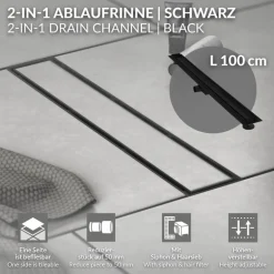 Edelstahl Duschrinne befliesbar 100 cm und Siphon Komplettset Schwarz flach LuxeBath
