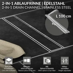 Edelstahl Duschrinne befliesbar 100 cm und Siphon Komplettset Silber flach LuxeBath