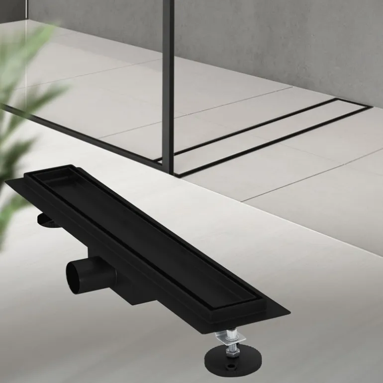 Edelstahl Duschrinne befliesbar 50 cm und Siphon Komplettset Schwarz flach LuxeBath