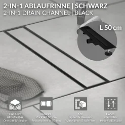 Edelstahl Duschrinne befliesbar 50 cm und Siphon Komplettset Schwarz flach LuxeBath