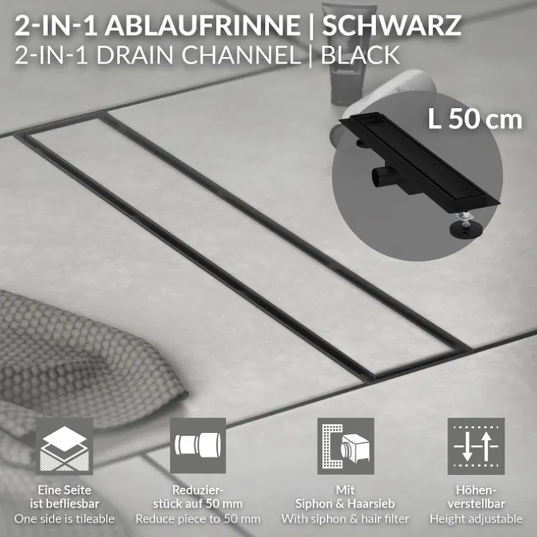 Edelstahl Duschrinne befliesbar 50 cm und Siphon Komplettset Schwarz flach LuxeBath