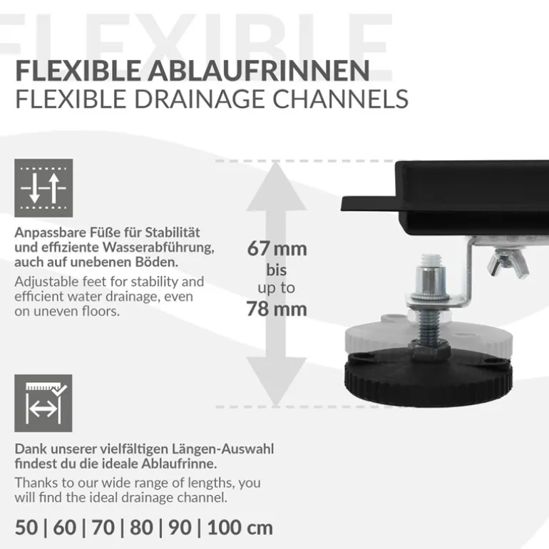 Edelstahl Duschrinne befliesbar 50 cm und Siphon Komplettset Schwarz flach LuxeBath