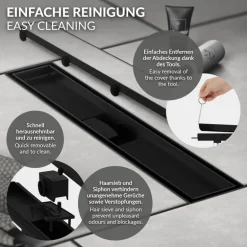 Edelstahl Duschrinne befliesbar 50 cm und Siphon Komplettset Schwarz flach LuxeBath