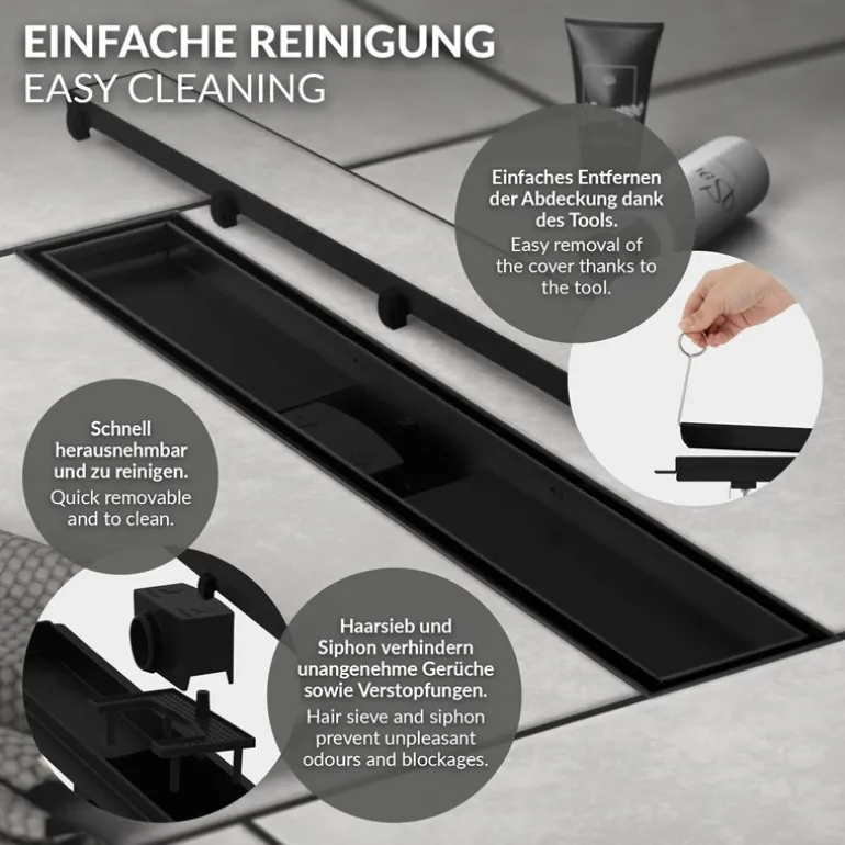 Edelstahl Duschrinne befliesbar 50 cm und Siphon Komplettset Schwarz flach LuxeBath