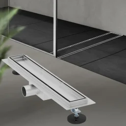 Edelstahl Duschrinne befliesbar 50 cm und Siphon Komplettset Silber flach LuxeBath
