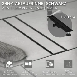 Edelstahl Duschrinne befliesbar 60 cm und Siphon Komplettset Schwarz flach LuxeBath
