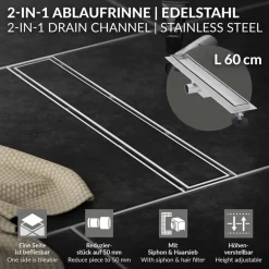 Edelstahl Duschrinne befliesbar 60 cm und Siphon Komplettset Silber flach LuxeBath