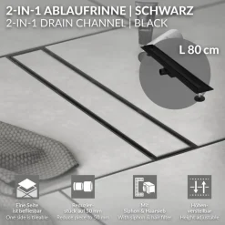 Edelstahl Duschrinne befliesbar 80 cm und Siphon Komplettset Schwarz flach LuxeBath